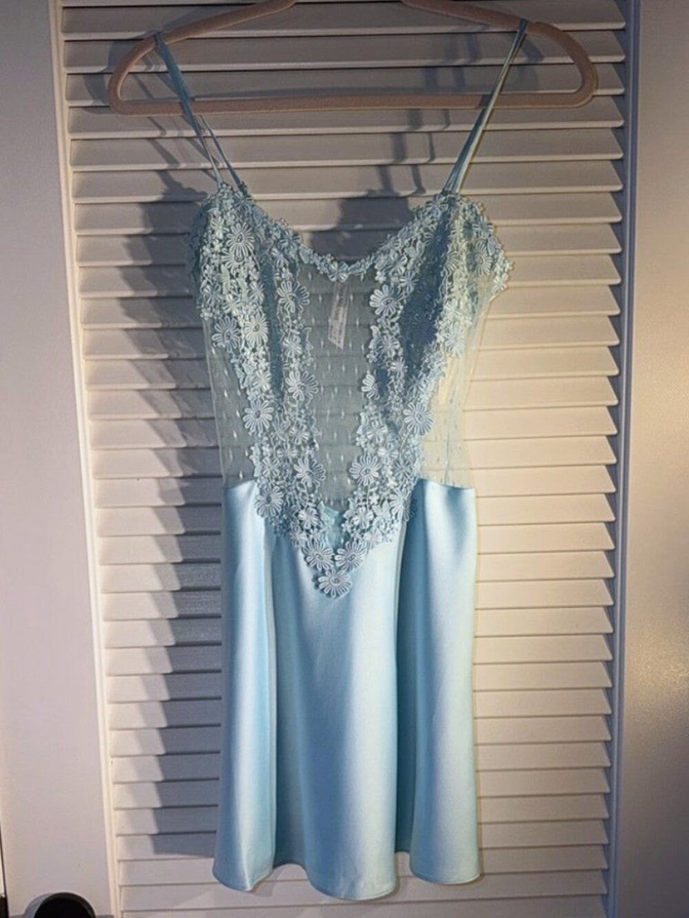 Flora Nikrooz Showstopper Light Blue Chemise Lace Appliqué Satin Nightgown